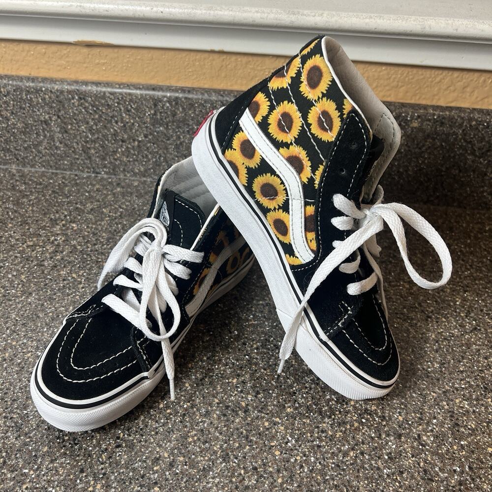 Vans Sk8 Little Kids 1 Black Sunflower Print Suede Canvas Sneakers Shoes Lace Up